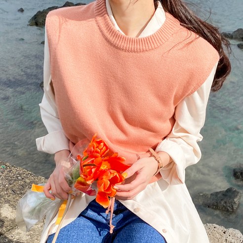 아모르데이 여성용 레이어드 라운드넥 딜티스트링 리본 니트 조끼