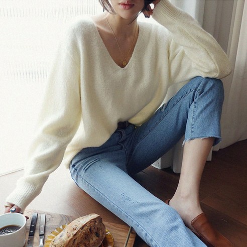 난닝구 여성용 로제인 브이넥 니트