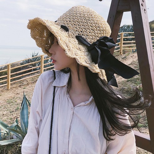 마켓에이 빅리본 썸머 롱챙 라피아햇