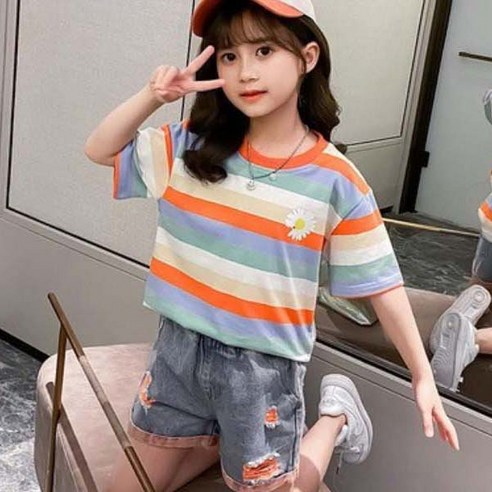 앤젤아이 여아용 썸머 스트라이프 데님 상하복 세트
