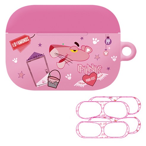 핑크팬더 에어팟 프로 하드 케이스 + 철가루 방지 스티커 2p, 단일상품, 와펜 핑크팬더