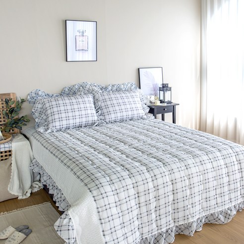 루나슬립 모노체크 프릴 시어서커 여름 침구 풀세트, 그레이