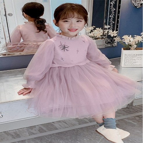앤젤아이 여아용 카라 소매 프릴 망사 원피스