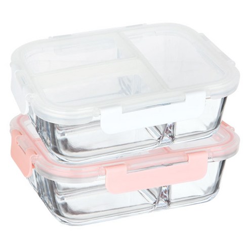니코트 냉장냉동 글라스 3칸 나눔찬통 2p 세트 1500ml, 1세트, 찬통 화이트 + 핑크
