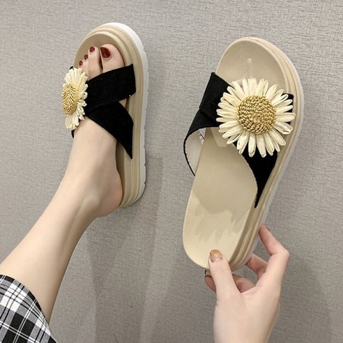 올나인 여성용 썬플라워 장식 스트랩 통굽샌들