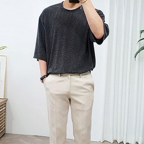 더클래식 남성용 오버핏 린넨 트임 7부 슬라브 롱 티셔츠