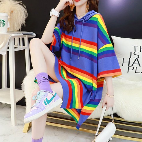 페이퍼먼츠 레인보우 오버핏 박시 반팔 후드 티셔츠 12371