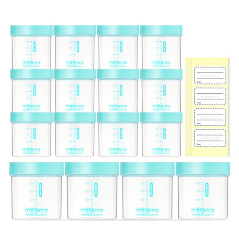 메똔느 이유식 보관용기 200ml x 16p + 라벨 스티커 64p, 혼합색상, 1세트