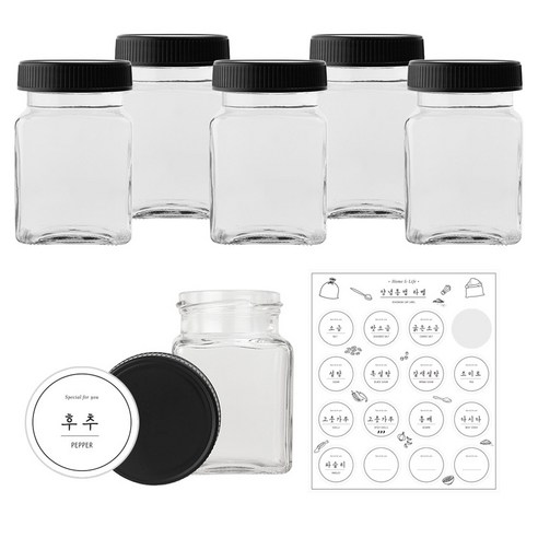 홈앤라이프 사각 허브 러그 양념통 세트 200ml 6p + 화이트 스티커, 1개