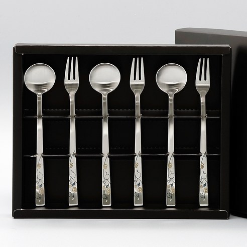 테이블아트 블랙로즈 티스푼 티포크 + 케이스 세트, 1세트, 티스푼 3p + 티포크 3p