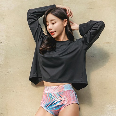 여성용 뒷트임 루즈핏 오버핏 비치웨어 래쉬가드 상의 + 하의 세트 BE6208BP, 블랙(상의), 블랙(하의)