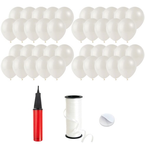 로켓풍선 30cm 200p + 손펌프 + 양면테이프 200p + 컬링리본 5mm x 90m, 펄 화이트, 1세트