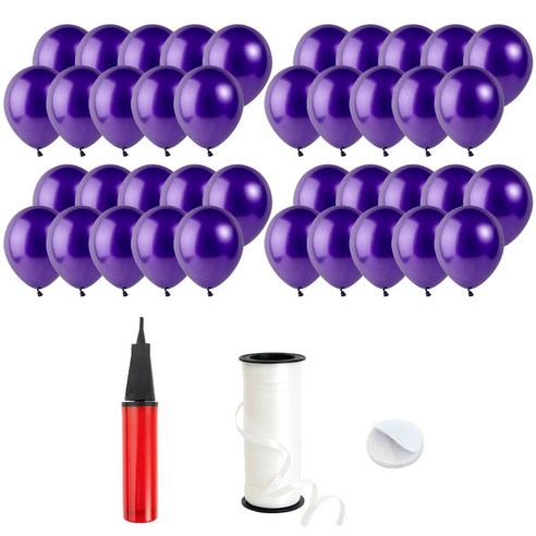 로켓풍선 30cm 200p + 손펌프 + 양면테이프 200p + 컬링리본 5mm x 90m, 펄 퍼플, 1세트