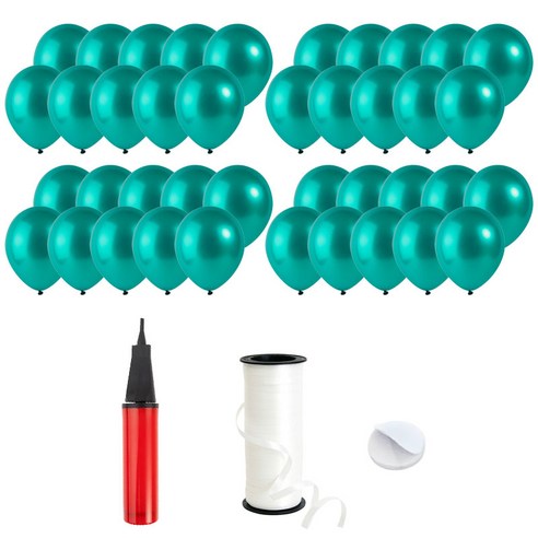 로켓풍선 30cm 200p + 손펌프 + 양면테이프 200p + 컬링리본 5mm x 90m, 펄 에메랄드그린, 1세트