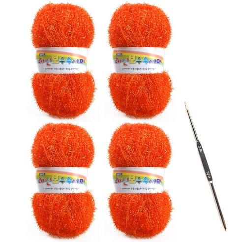 레인보우 펄 수세미실 80g x 4p + 코바늘 세트, 1세트, 01오렌지레드