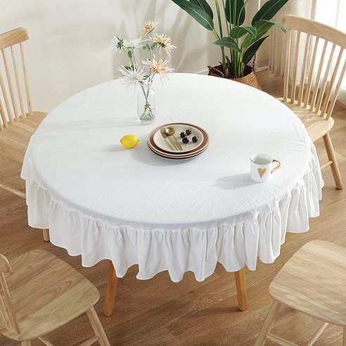 알럽홈 린넨 패브릭 연꽃레이스 식탁보 원형, 화이트, 150 cm
