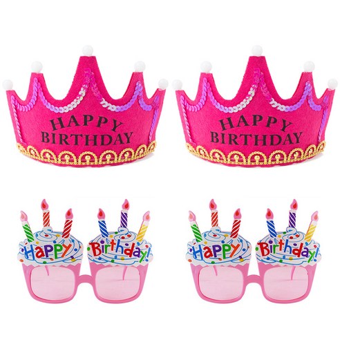 파티팡 LED 생일 왕관 푸치샤 2p + 생일 컵케익 안경 2p 세트, 핑크, 1세트
