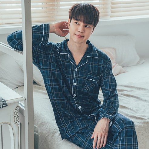 남성용 타이탄 피치기모 긴팔 카라 잠옷 상하의 세트