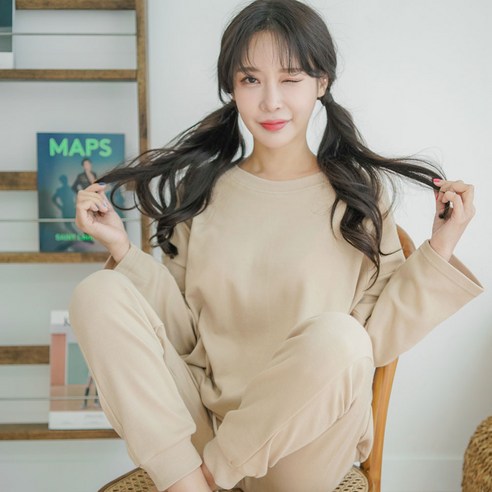 테라우드 여성용 심플베이직 긴팔 잠옷 상하세트