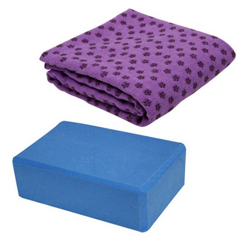 런웨이브 논슬립 요가 타올 + 블럭 세트, 타올(퍼플), 블럭(블루), 1개