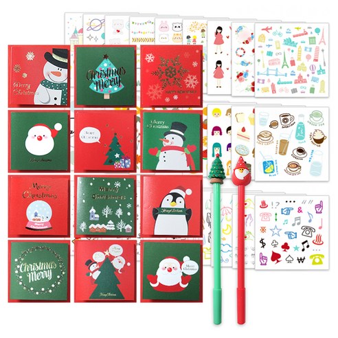 투영디자인 메리 크리스마스카드 12종 + X mas 중성펜 랜덤발송 2p + 인스 스티커 28종 세트, 혼합색상, 1세트