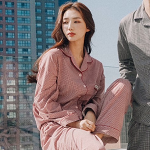 파란 여성용 미니 하운드 체크 잠옷 상하의 세트