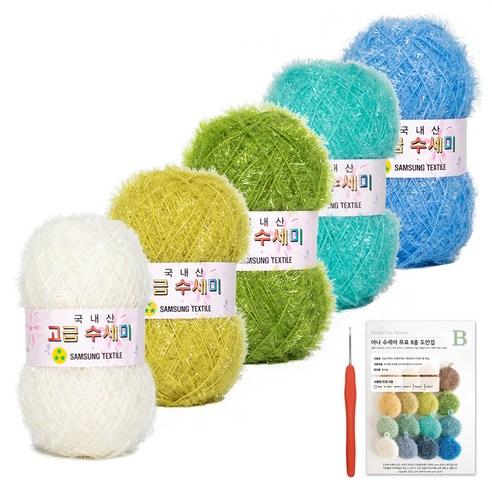 야나 고급 수세미 뜨개실 80g x 5p + B 인쇄도안 8종 + 사라 모사용 코바늘 세트, 1세트, N7 애플 소다