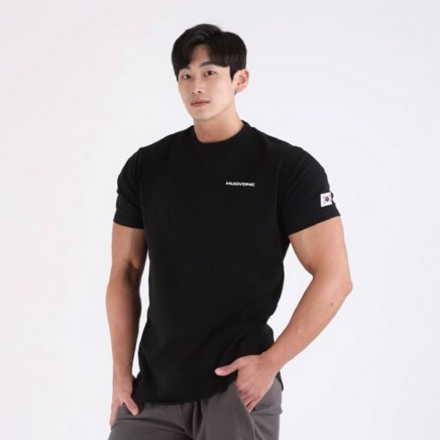 허그본 남성용 태극라인 머슬핏 스몰로고 반팔 티셔츠