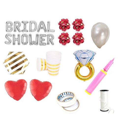 브라이덜샤워 레터링 풍선 BRIDAL SHOWER 35cm 소품 + 테이블웨어 패키지, 실버(레터링 풍선, 펄 풍선 세트), 진핑크(꽃팔찌), 마블(테이블웨어), 1세트