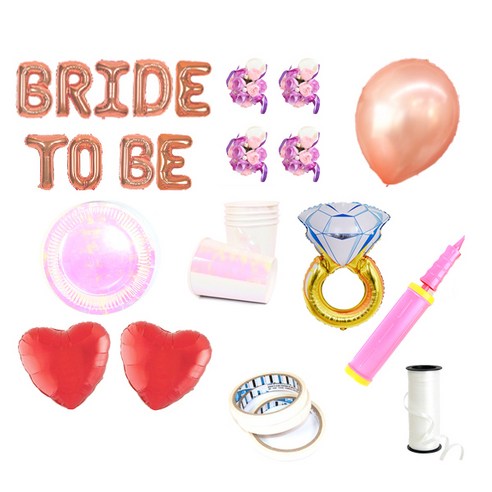 브라이덜샤워 레터링 풍선 BRIDE TO BE 35cm 소품 + 테이블웨어 패키지, 로즈(레터링 풍선, 펄 풍선 세트), 퍼플(꽃팔찌), 홀로그램(테이블웨어), 1세트