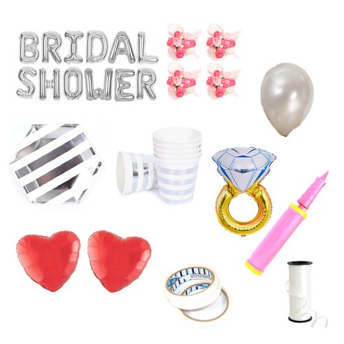 브라이덜샤워 레터링 풍선 BRIDAL SHOWER 35cm 소품 + 테이블웨어 패키지, 실버(레터링 풍선, 펄 풍선 세트), 핑크(꽃팔찌), 투명(테이블웨어), 1세트