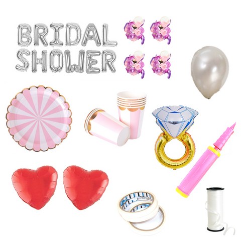 브라이덜샤워 레터링 풍선 BRIDAL SHOWER 35cm 소품 + 테이블웨어 패키지, 실버(레터링 풍선, 펄 풍선 세트), 퍼플(꽃팔찌), 핑크(테이블웨어), 1세트
