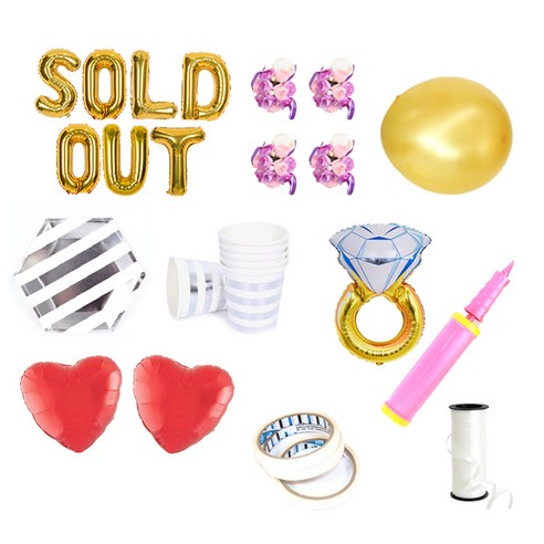 브라이덜샤워 레터링 풍선 SOLD OUT 35cm 소품 + 테이블웨어 패키지, 골드(레터링 풍선, 펄 풍선 세트), 퍼플(꽃팔찌), 투명(테이블웨어), 1세트