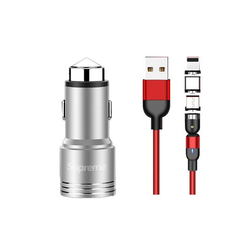 코끼리리빙 3in1 마그네틱 고속충전 케이블 3m + 듀얼포트 차량용 USB 3.0 시거잭 충전기 세트, 레드(케이블), 실버(충전기), PYA-1312(케이블), SP-700(충전기)