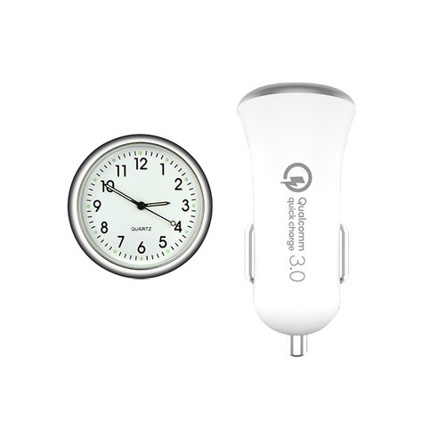 차량용 통풍구 미니 시계 화이트 + 퀄컴 QC3.0 차량용 고속 충전기 아이폰 8핀 세트, 1세트