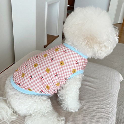 바이담수미 강아지 체크 체리곰 나시, 레드