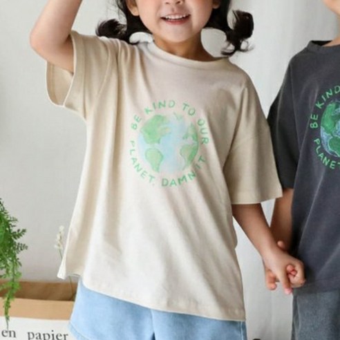 느엘 아동용 지구 여름 반팔 라운드 티셔츠