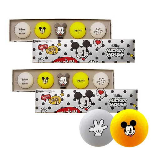 볼빅 디즈니 골프공 롱 3피스 2종 x 2p 세트, 미키마우스 화이트, 옐로우, 2세트