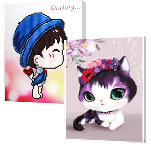 보석십자수 어린이 DIY 캔버스형 비즈공예 2종 세트 25 x 30 cm, 러브소년, 고양이3, 1세트