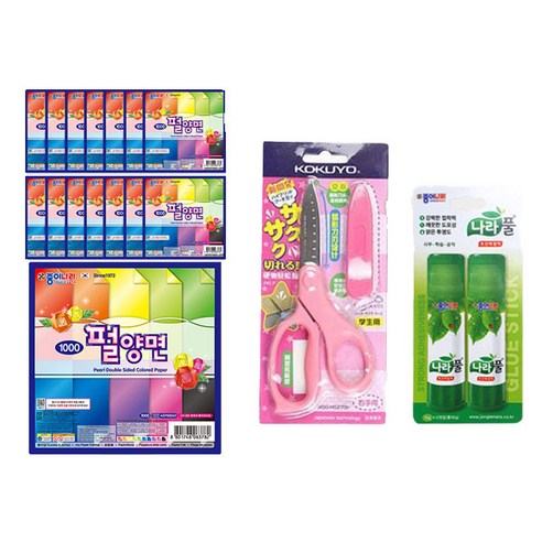 종이나라 1000 펄양면 색종이 15매 x 15p + 고쿠요 SAXA 플라이 캡 가위 핑크 + 나라풀 15g x 2p 세트, 1세트, 20색