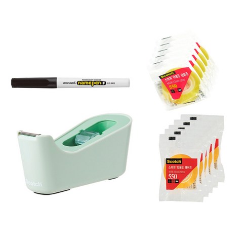 쓰리엠 스카치 탁상용 테이프 디스펜서 C18 + 다용도 테이프 리필 550 12mm x 20m 5p + 18mm x 20m 5p + 모나미 네임펜 F 세트, 민트(디스펜서), 블랙(네임펜), 1세트