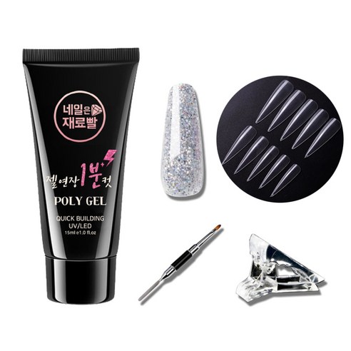 네일은재료빨 업그레이드 글리터 폴리젤 15ml + 스텔레토팁 100p + 듀얼 브러쉬 + 클립 세트, 004, 1개