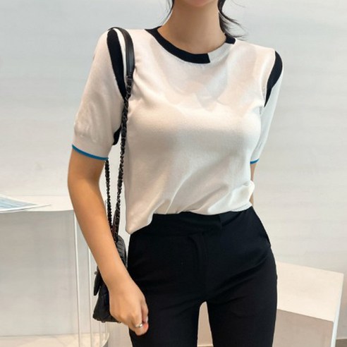 비비에모 여성용 배색라인이 예쁜 라운드넥 반팔 니트 티셔츠 00295