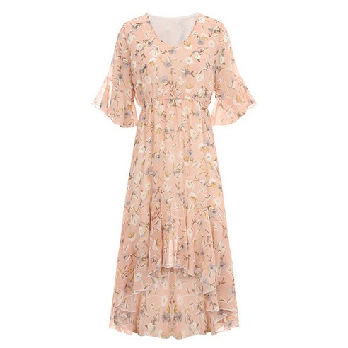 비엔엑스 언발 주름 플라워 쉬폰 원피스