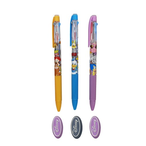 디즈니 캐릭터 지워지는 3색 볼펜 0.5mm 3종 + 지우개 3종 세트, 랜덤발송, 1세트