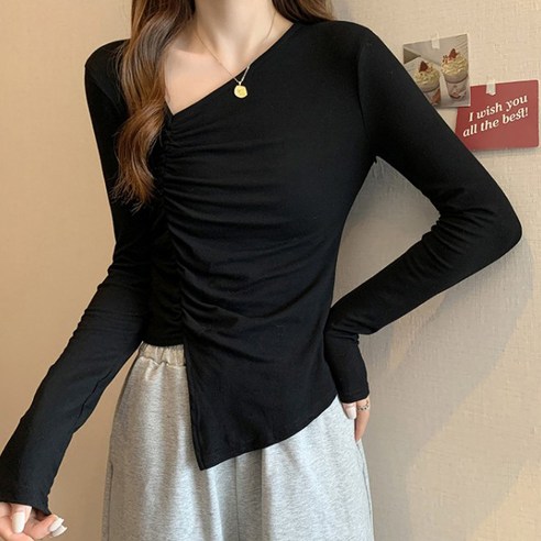 비비에모 여성용 언발란스 셔링 슬림 긴팔 이너 티셔츠 00548