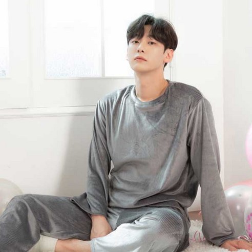 남성용 울트라 밸리밍크 솔리드 라운드 잠옷 상하의 세트