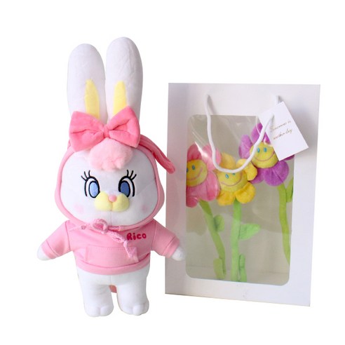 모리앤 리코 중형인형 + 스마일꽃 3p + 기프트 쇼핑백, 리코후드 핑크(인형), 43cm