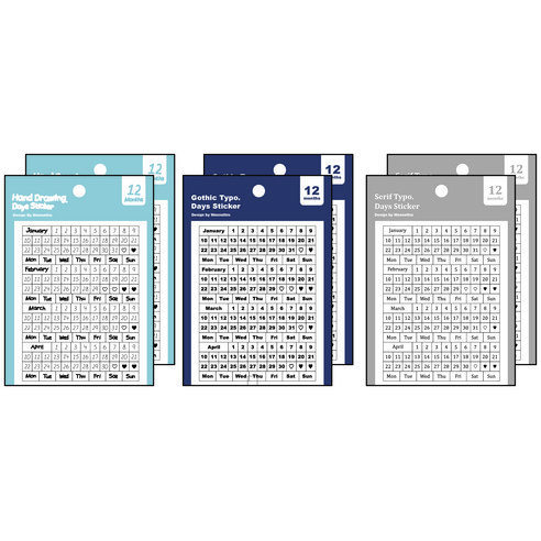 워너디스 만년 플래너 날짜 숫자 요일 월 투명 스티커 3종 x 3p 세트, 핸드 드로잉, 고딕, 셰리프, 1세트