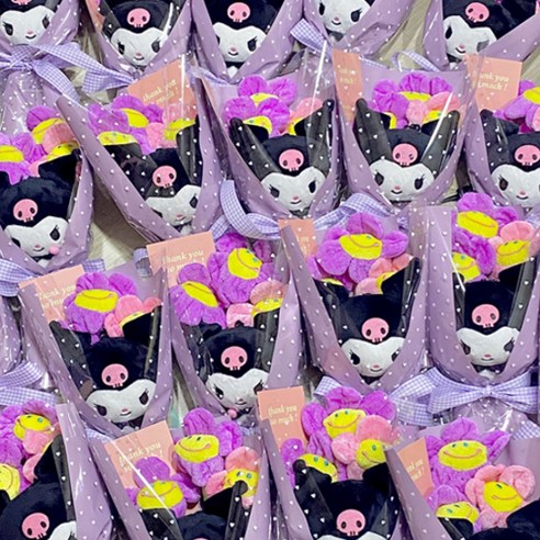 미니 산리오 인형 + 스마일 꽃 3p 꽃다발 포장세트, 폼폼푸린